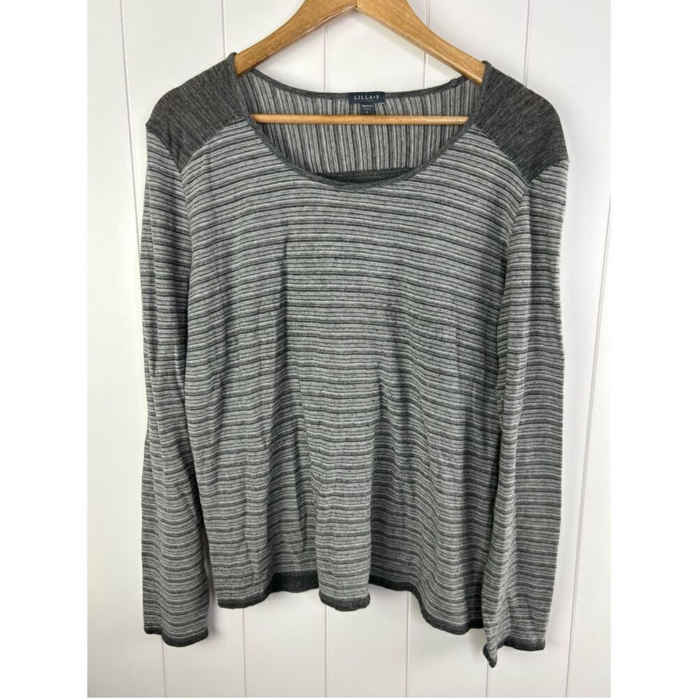 Lilla P Long Sleeve Striped Gray Round Neck‎ Cotton Blend Top Size L